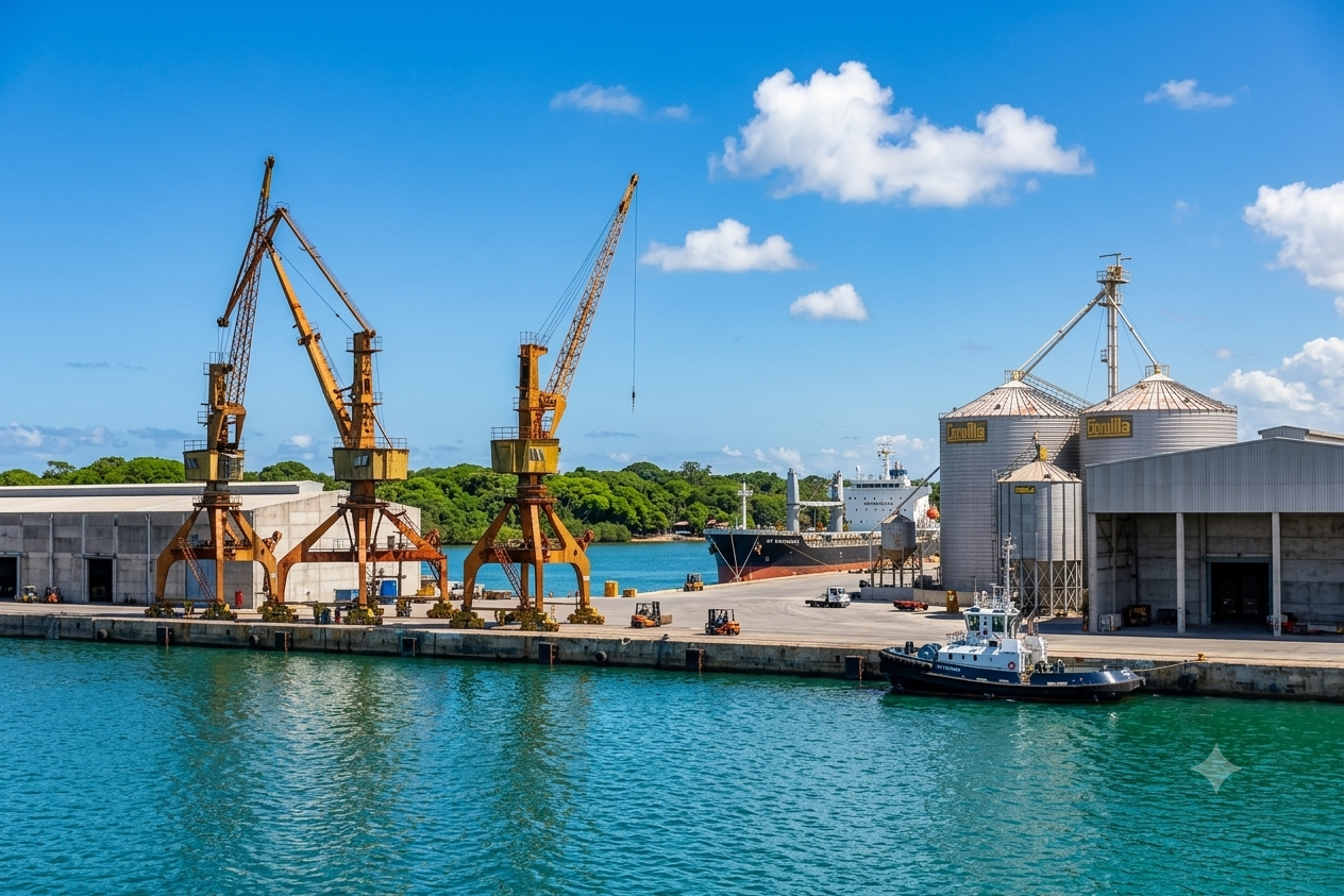 Navio de carga descarregando contêineres em armazém portuário
