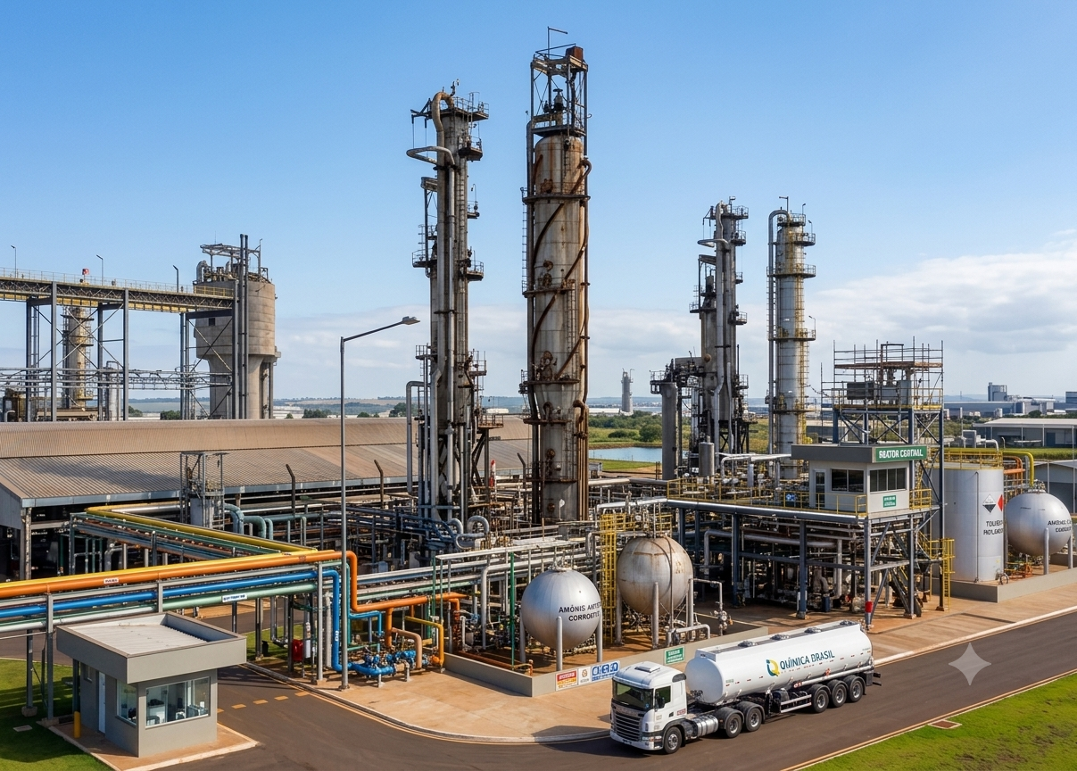 Indústria química com chaminés e estruturas de processamento