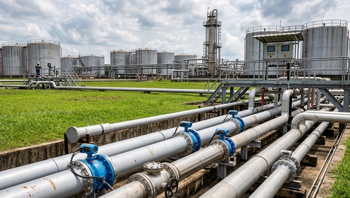 Planta de canalização industrial com tubulações e medição metrológica