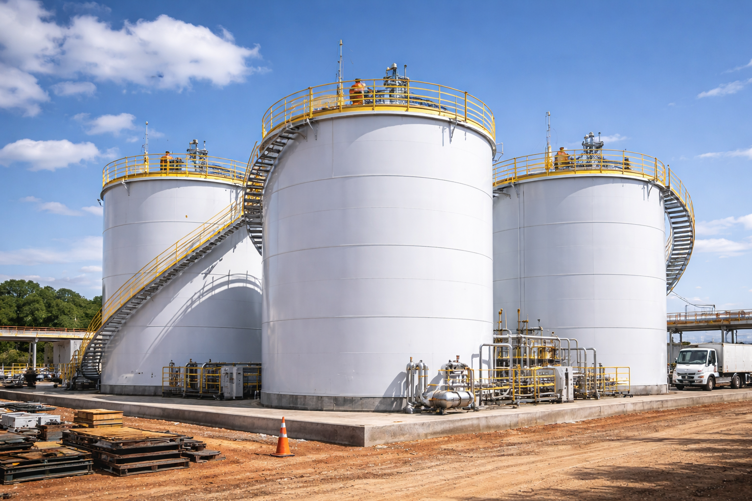 Tanque vertical industrial em calibração metrológica