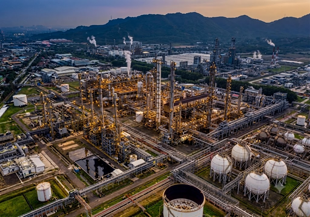 Refinaria de petróleo com tanques de armazenamento